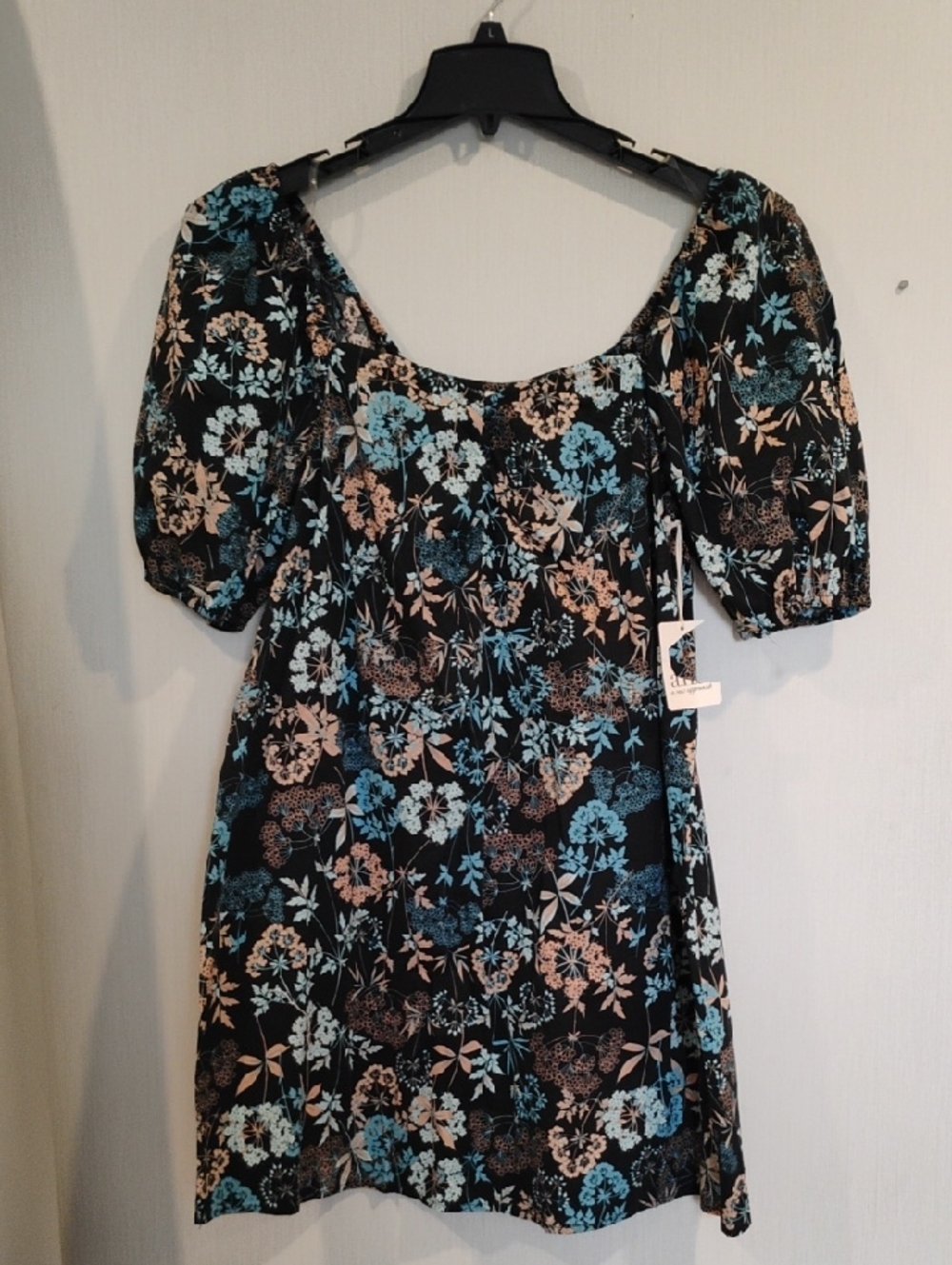a.n.a Black Mini Dress with Blue & Peach Floral Print